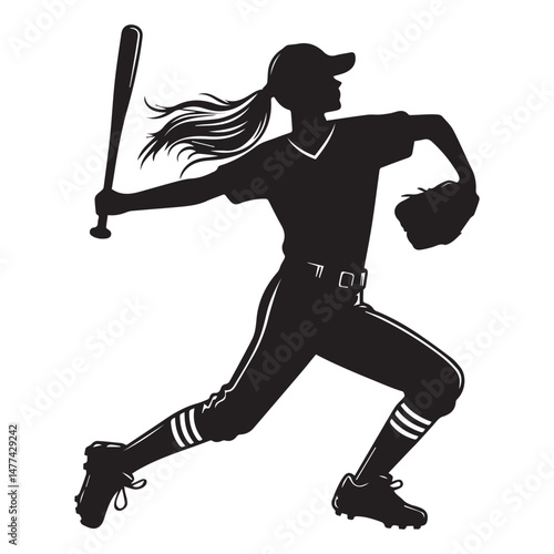 Female Baseball Player Silhouette Vector Design Template Illustration white background