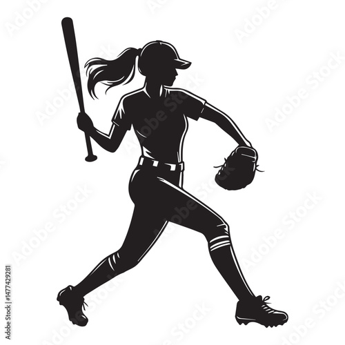 Female Baseball Player Silhouette Vector Design Template Illustration white background