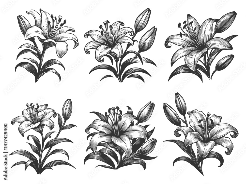 blooming lilies with buds and leaves, perfect for botanical, floral, and nature-themed designs Set collection bundle sketch engraving generative ai vector illustration. Scratch board. Black and white. blooming lilies with buds and leaves, perfect for botanical, floral, and nature-themed designs Set collection bundle sketch engraving generative ai vector illustration. Scratch board. Black and white.