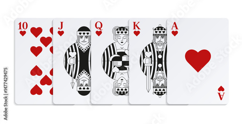 Playing Cards of Hearts. Royal Flush Combination. 