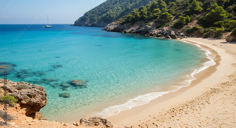 Fototapeta premium Beautiful Beach with Turquoise Water and Green Mountain