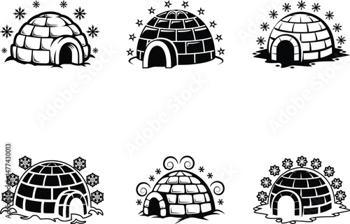 Modern igloo surrounded by snowflake silhouette vector illustration, igloo surrounded by snowflake line art vector, igloo surrounded by snowflake vector icon set