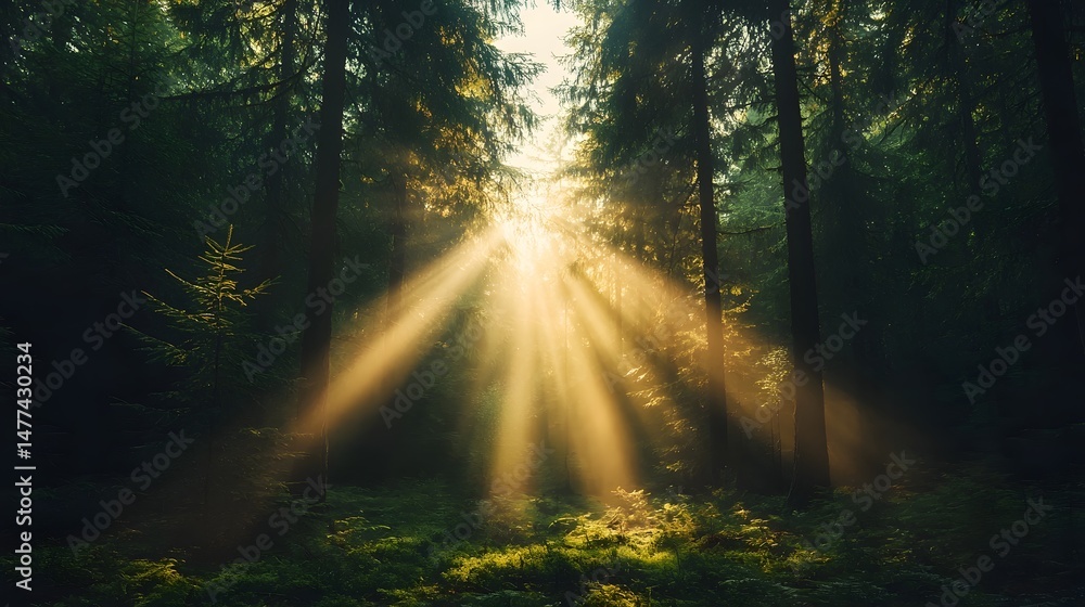 Naklejka premium Dramatic morning sunlight piercing through tall pine trees in a misty serene forest creating long atmospheric shadows on the ground with copy space included