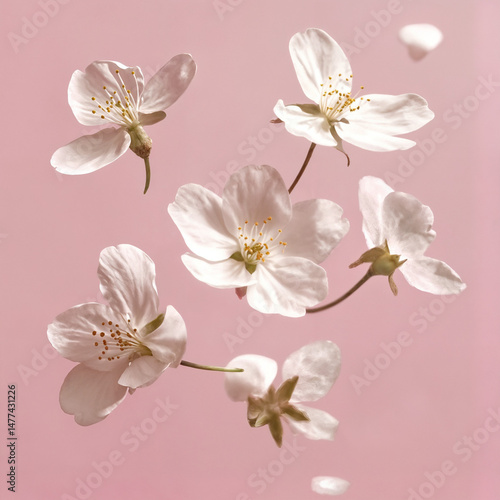 The image features a serene pink background with cherry blossoms in various stages of blooming, some with petals still attached and others detached.