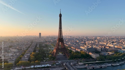 Aerial view of Tour Eiffel Tower and Seine River bridge and historical city center. Famous touristic landmark, Paris. France