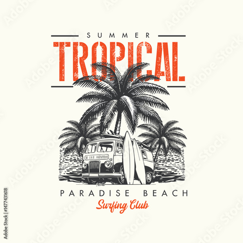 Summer Tropical paradise surfing club vector graphic t shirt design