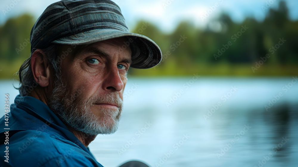 Thoughtful Mature Man by Calm River in Natural Setting Thoughtful Mature Man by Calm River in Natural Setting