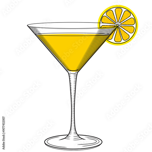Limoncello cocktail in martini glass vector color illustration in sketch style. Summer italian citrus liqueur with fruit slice hand drawn for bar and menu. Mediterranean traditional aperitif.