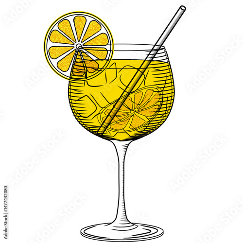 Vector color illustration of Limoncello spritz in sketch style. Hand drawn Italian traditional lemon cocktail with lemon wedge and ice on isolated background. Line art for bar and menu with straw. Ret