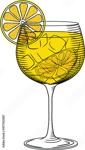 Limoncello spritz vector color illustration in sketch style. Hand drawn italian traditional lemon cocktail with lemon slice and ice on isolated background. Line art for bar and menu. Retro engraving