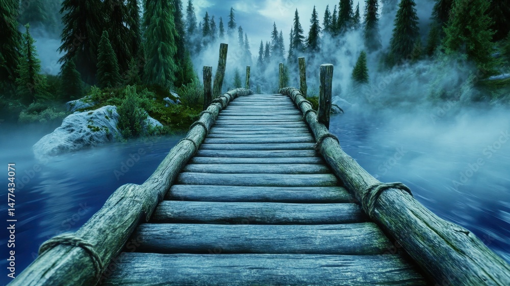 Fototapeta premium Serene Wooden Bridge Over Misty Lake Surrounded by Pine Trees