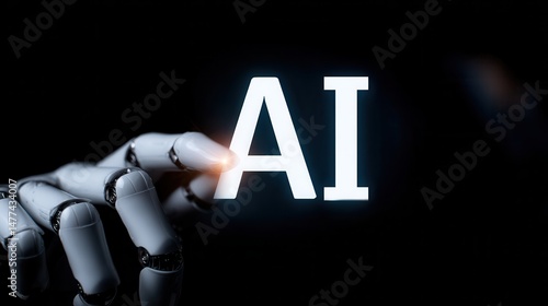 Futuristic hand reaching for glowing letters, robotic design, emphasizes technology's impact on communication and innovation.