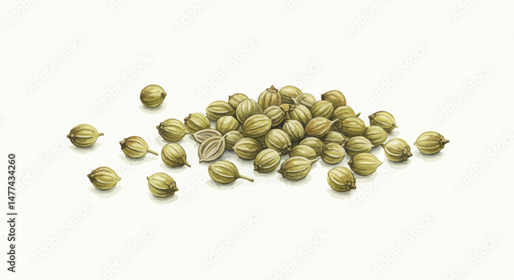A Meticulously Detailed Botanical Illustration Presents A Scattering Of Light Green Coriander Seeds Depicted In A Realistic Watercolor Style On A Clean White Background Accentuating A Meticulously Detailed Botanical Illustration Presents A Scattering Of Light Green Coriander Seeds Depicted In A Realistic Watercolor Style On A Clean White Background Accentuating