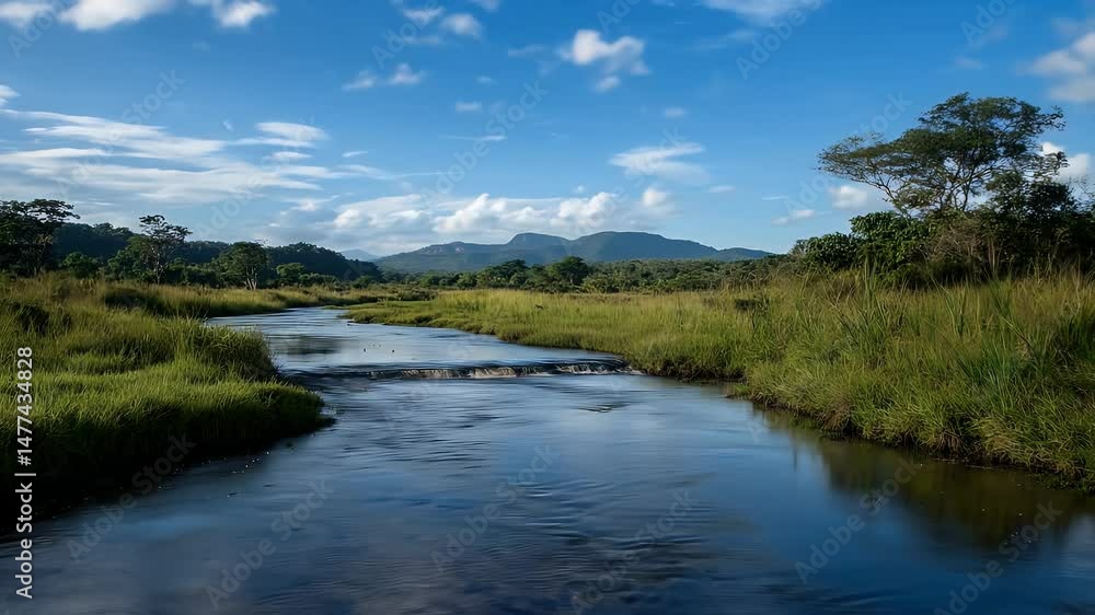 Lush Green Meadow with River Under Blue Sky and Clouds A Serene Natural Landscape Scene Lush Green Meadow with River Under Blue Sky and Clouds A Serene Natural Landscape Scene