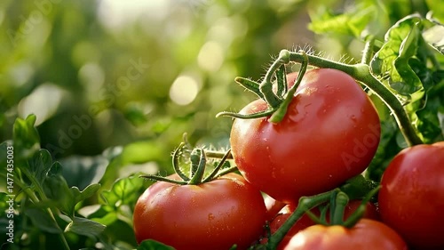 Vibrant Red Tomatoes with Water Droplets in a Lush Green Garden Setting with Sunlit Warmth and Healthy Natural Plant