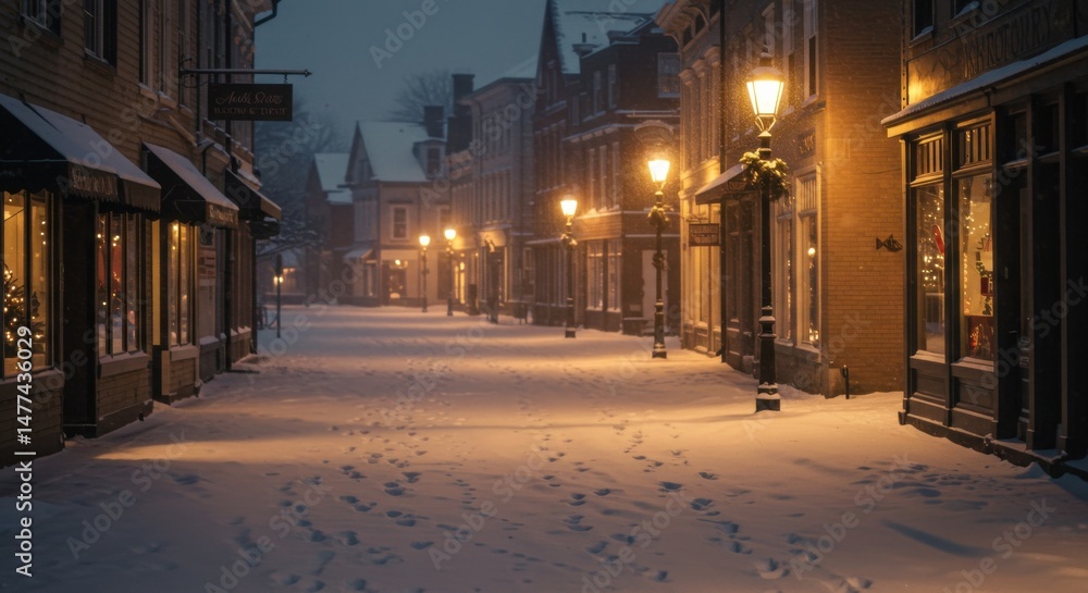 Fototapeta premium Snowy Street Scene at Night with Footprints and Warm Lighting