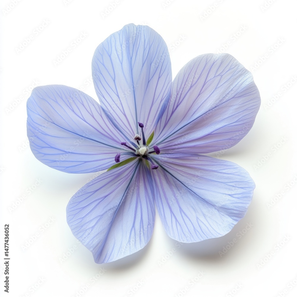 Fototapeta premium Delicate Light Blue Flower with Visible Veins on White Background