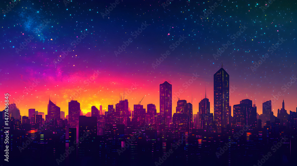 Fototapeta premium Vibrant City Skyline at Dusk with Starry Night Sky and Colors