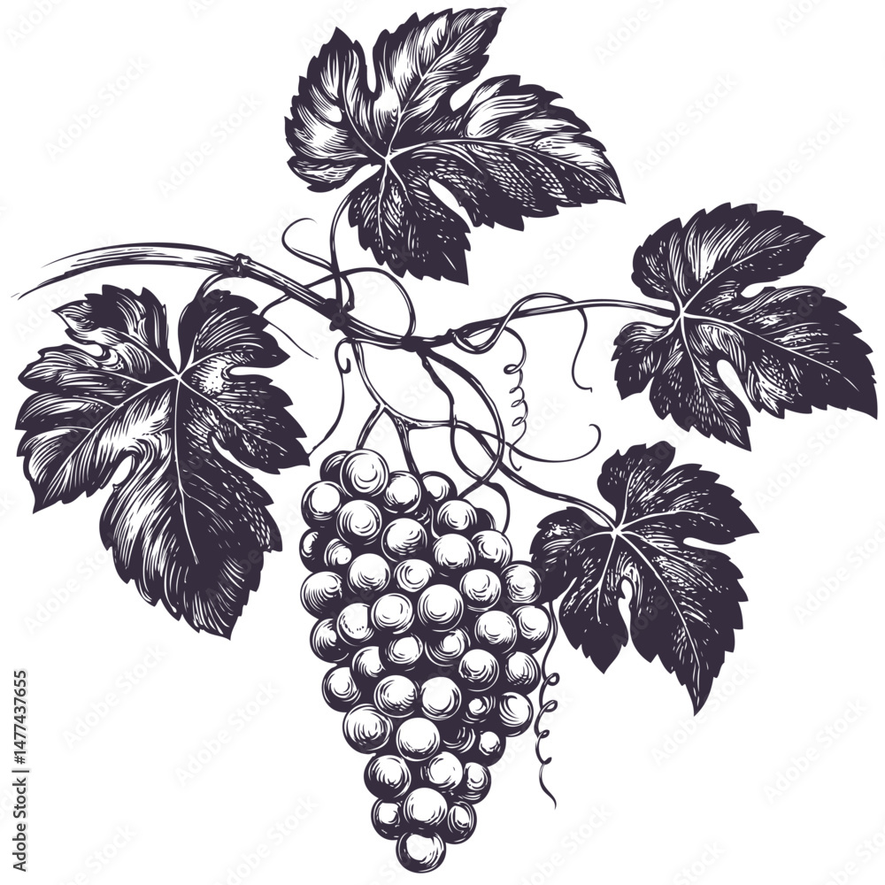 Obraz premium grape vine, grape, hand drawn vector illustration realistic sketch