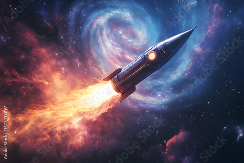 Futuristic Rocket Launching Through Colorful Cosmic Nebula Landscape