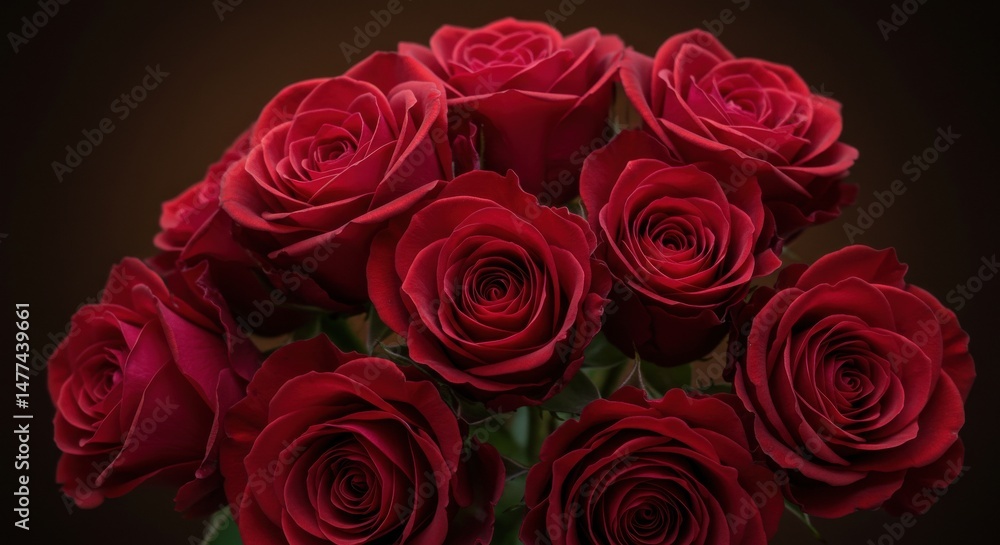 Obraz premium Blooming Red Roses Bouquet Dark Backdrop Close-up