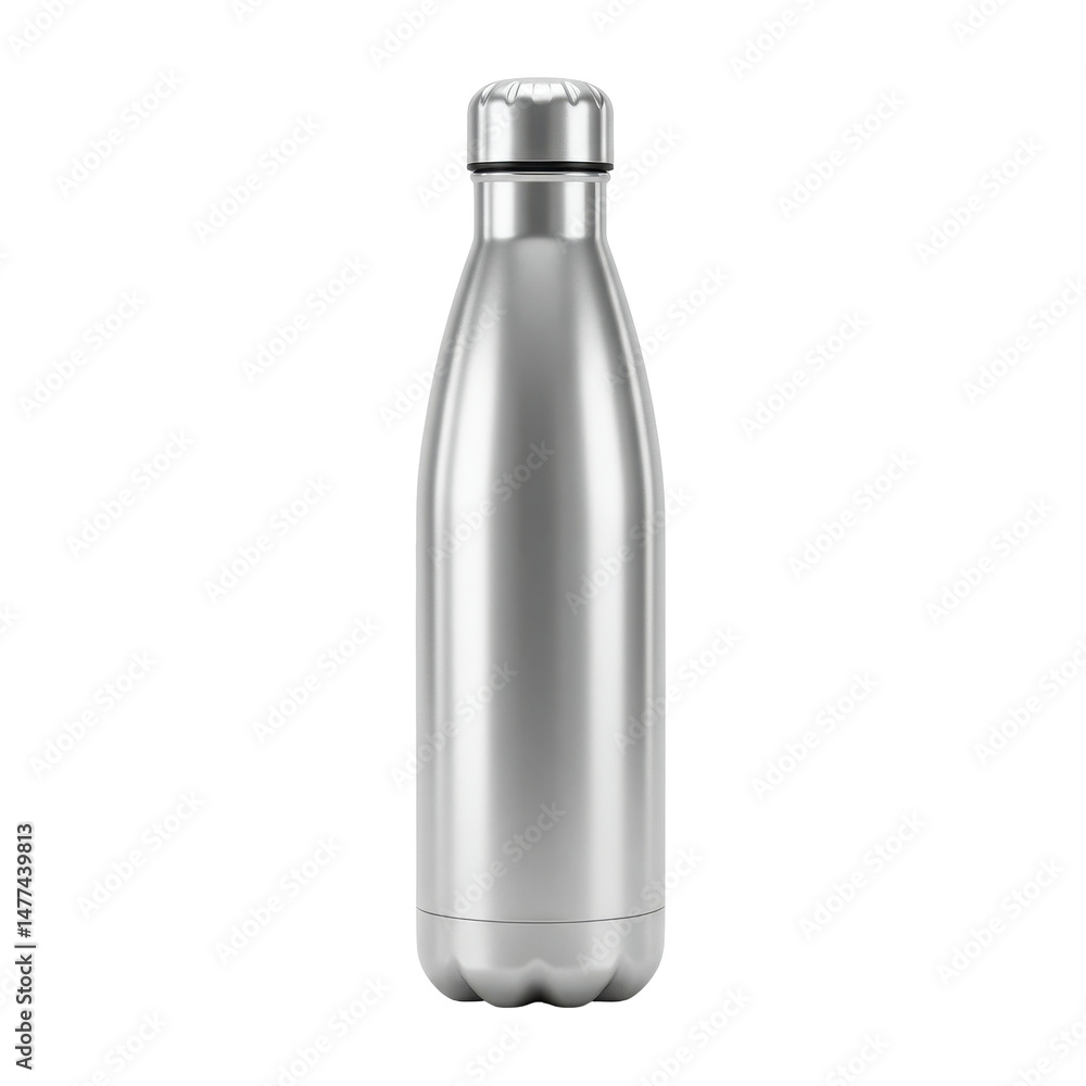 Silver water bottle with a slim profile, metal cap, isolated on dark background Silver water bottle with a slim profile, metal cap, isolated on dark background