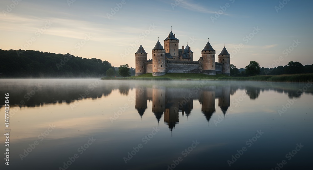 Naklejka premium Castle in Lake at Sunrise with Reflection