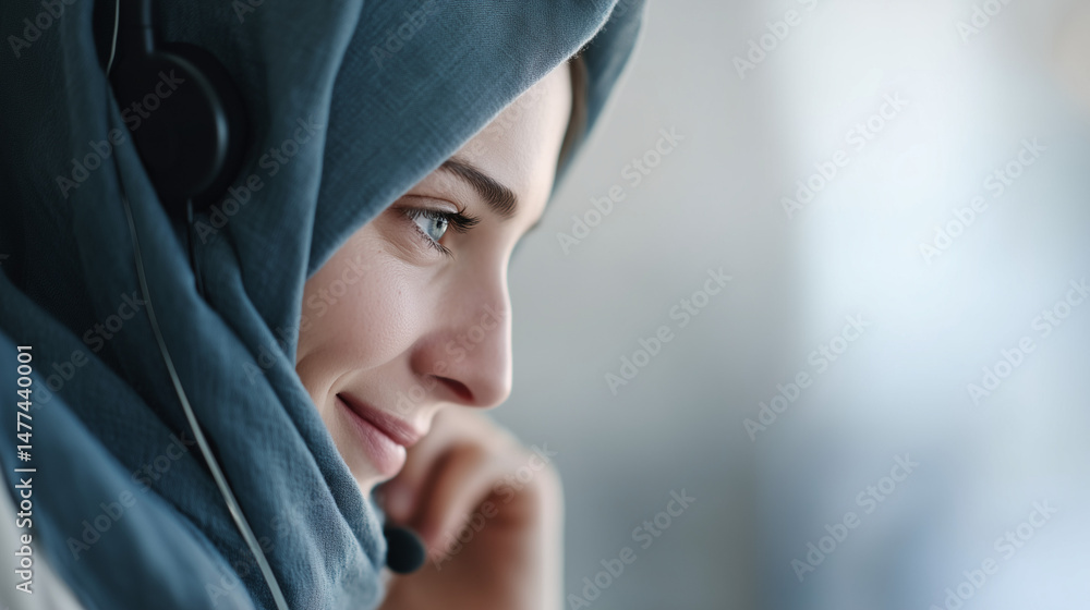 Fototapeta premium Middle Eastern woman wearing a hijab, working as a customer service representative, smiling with a headset on, clean white office background