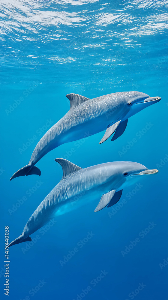 Obraz premium Dolphins swim gracefully together in clear blue ocean waters, showcasing their agility and intelligence beneath the surface in a vibrant marine environment