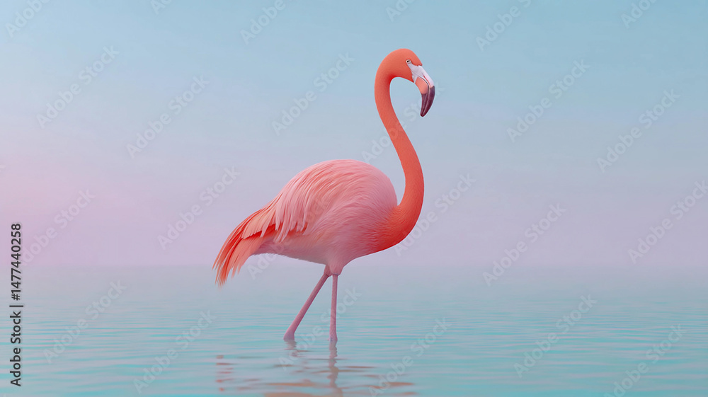 Fototapeta premium Flamingo wading in tranquil waters at sunrise with pastel-colored sky reflecting on the surface