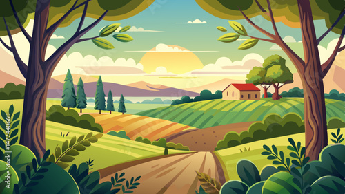 In the distance, the land rolls gently, bordered by a few trees that frame the field like a natural painting. This tranquil rural setting exudes warmth, abundance, and simplicity.