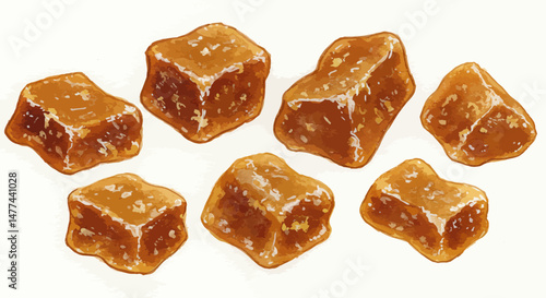 A Watercolor Illustration Showcases Seven Delightful Jaggery Chunks Arranged Against A Clean White Background Capturing Their Rustic Texture And Inviting Amber Hues With Soft Painterly