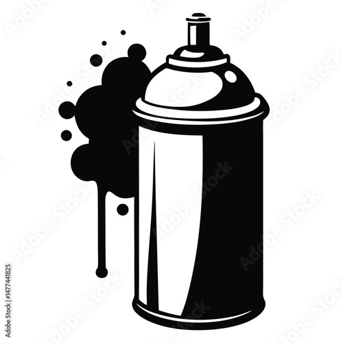 A single black spray can shows black drips, offering a modern monochrome aesthetic