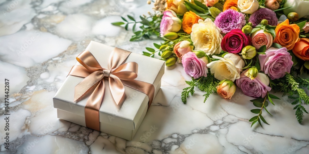 A delicately wrapped gift box with a satin ribbon rests beside a vibrant bouquet of assorted flowers on a marble surface A delicately wrapped gift box with a satin ribbon rests beside a vibrant bouquet of assorted flowers on a marble surface