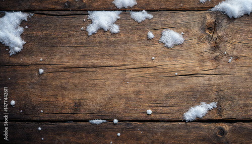 Snow-dusted vintage wood panel evokes a wintry atmosphere, showcasing the natural grain and texture under a delicate blanket of fresh snow.