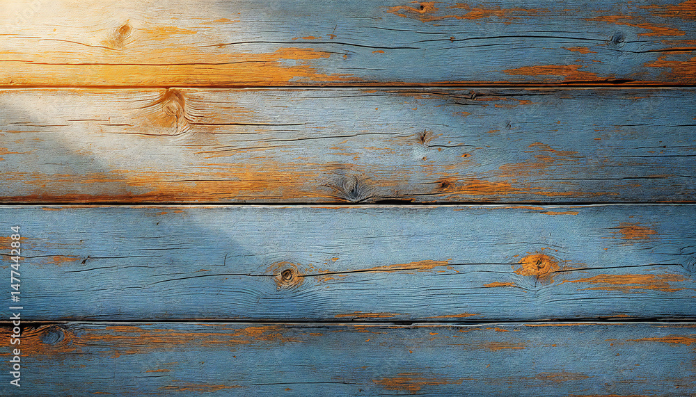Obraz premium Weathered wooden boards, bathed in the warm glow of the sun, reveal the beauty of age and texture, providing a rustic charm that invites the eye to explore the intricate patterns.