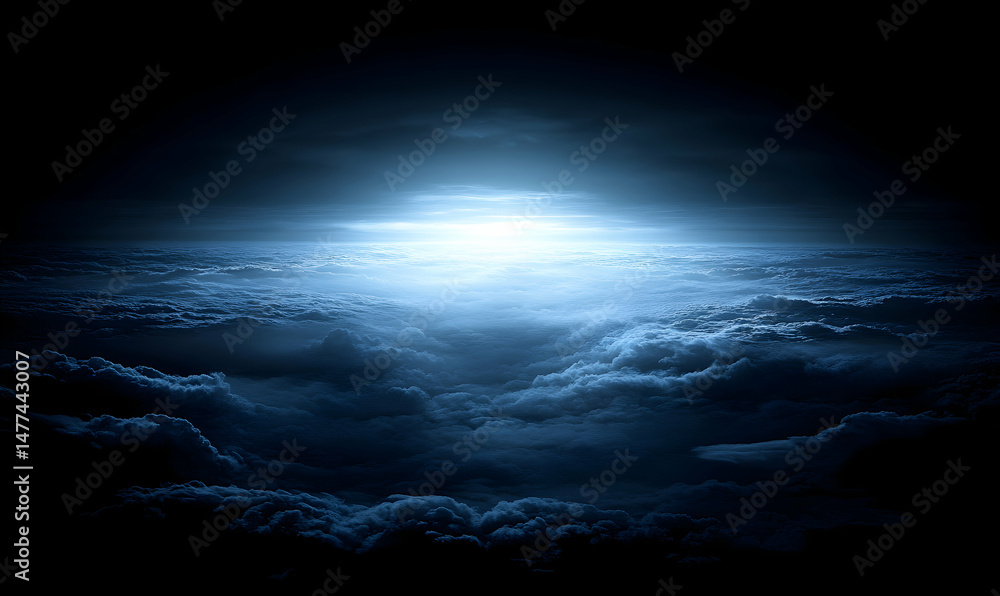Fototapeta premium Stunning aerial view of a breathtaking seascape of clouds at night, illuminated by a bright light source.