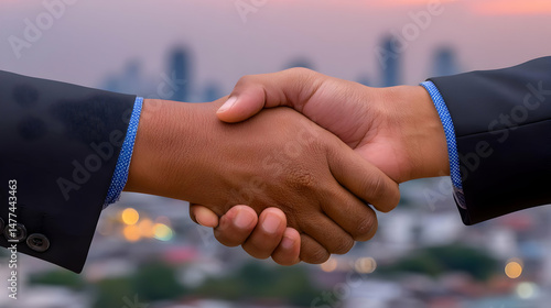 firm grip with blurred city lights in evening background