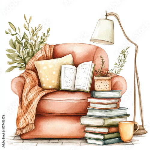cute cartoon watercolor A cozy reading book