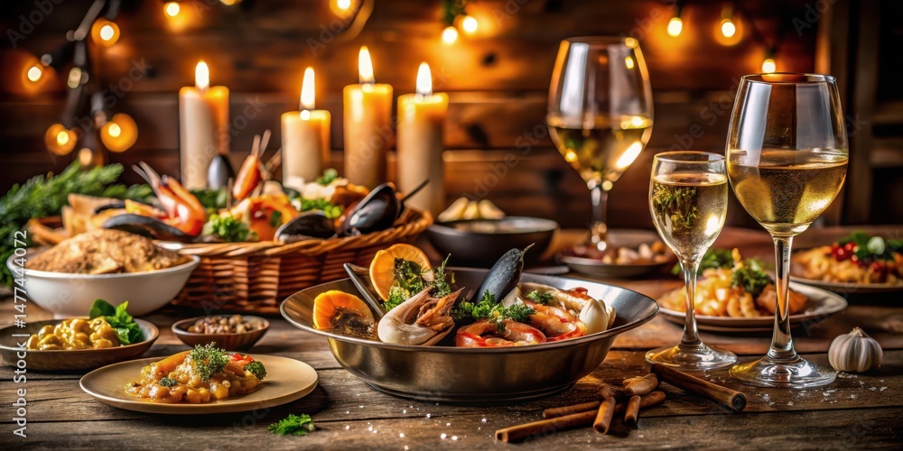 Aromatic Seafood Feast with Wine, Candles, and Festive Lighting for a Romantic Dinner Aromatic Seafood Feast with Wine, Candles, and Festive Lighting for a Romantic Dinner