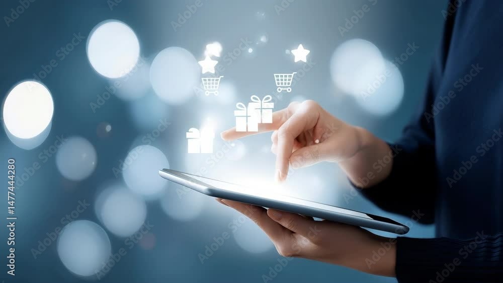 Exploring Online Shopping Navigating Digital Tablet with Exciting Icons and Gifts for Ultimate Convenience and Interaction Exploring Online Shopping Navigating Digital Tablet with Exciting Icons and Gifts for Ultimate Convenience and Interaction