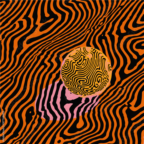 Vector illustration showcases bold psychedelic liquid lines in vivid orange, black, and pink, with a swirling sphere as the focal point. Trendy "psychedelic line art" style.