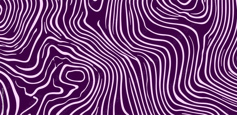 Fototapeta premium Vector illustration features abstract, wavy contour lines in violet shades. Created in a modern psychedelic style, it's perfect for bold, energetic, and eye-catching pattern designs.