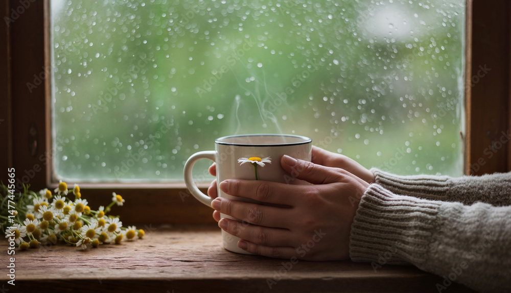 Cozy moment by the window with hot drink on rainy day. Comfort, warmth, relaxation concept. Home, lifestyle design element for banner, card, blog Cozy moment by the window with hot drink on rainy day. Comfort, warmth, relaxation concept. Home, lifestyle design element for banner, card, blog