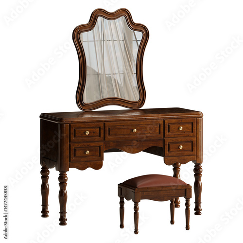 A wooden vanity with a mirror and a stool