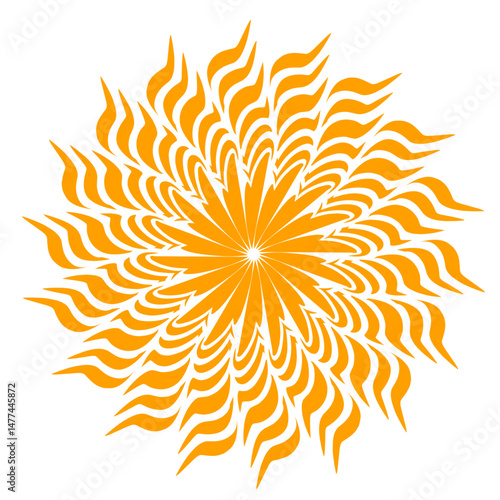 Stylized fiery sun illustration on a black background, radiant abstract design