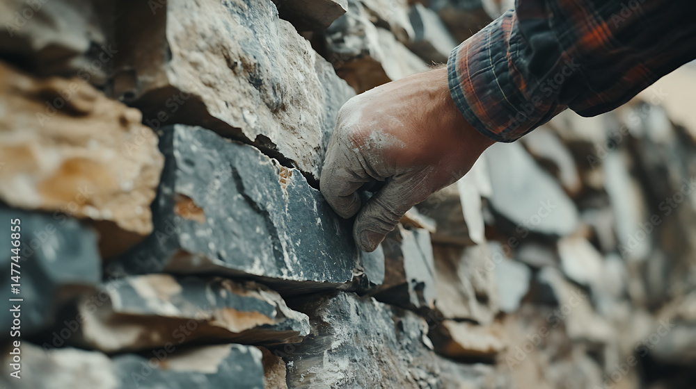Obraz premium Hand Placing Stone in Wall Construction
