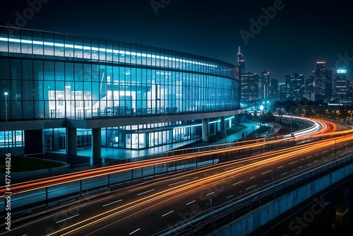 futuristic photo of museum of the future at night busy city life traffic on the highway concept foto futurista del museo del futuro en la noche ocupado tráfico de la vida ciudad concepto carretera