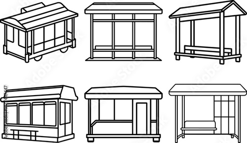 Set of bus stop place outline vector illustration, line art