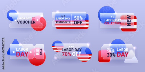 Set of glass morphism Labor Day discount tickets and vouchers. Vector national holiday sale badge template